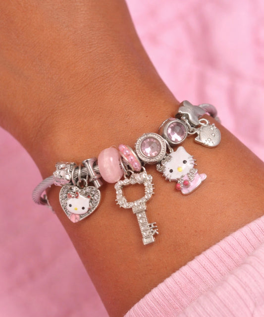 Hello Kitty Silver Charm Bracelet With Pink Charms