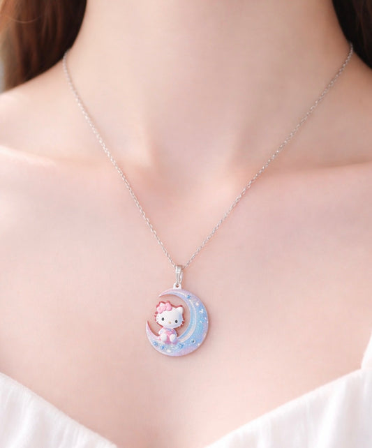 Hello Kitty On The Moon Flat 2D Pendent With Silver Necklaces