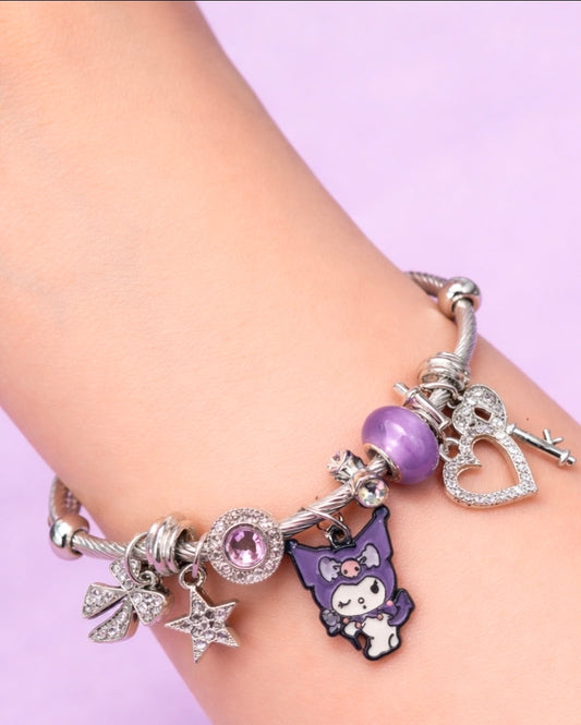 Kuromi Silver Charm Bracelet With Purple Charms