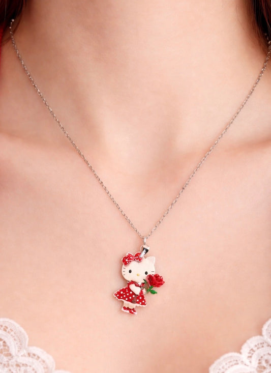 Hello Kitty Red Flat 2D Pendent With Silver Necklace