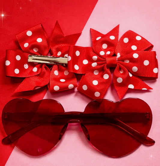 Girls Hairbow Set With Matching Red Heart Shades